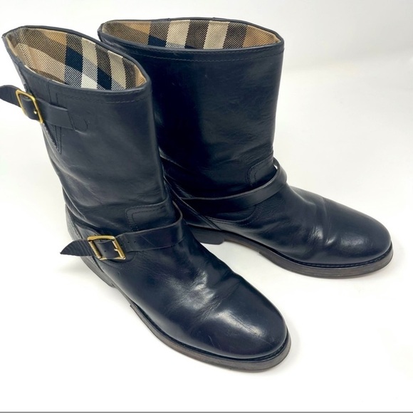 Burberry Wingfield Black Leather Moto Biker Boots Size 7.5 - Picture 1 of 13